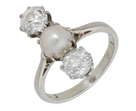 A pearl and diamond dress ring, circa 1930, set with a pearl measuring approximately 5.8mm, between old brilliant-cut diamond