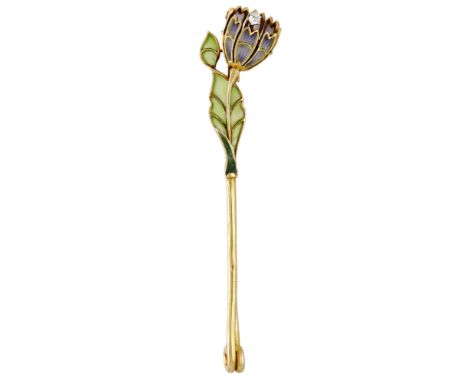 An Art Nouveau enamel and diamond flower brooch, circa 1900, realistically modelled, the plique-à-jour enamel flower with old