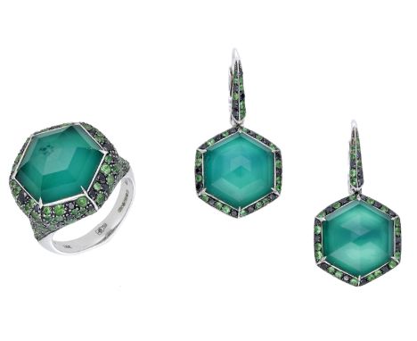 A ‘Deco Haze’ ring and earring suite by Stephen Webster, set with a hexagonal-shaped faceted green chrysoprase, the mount set