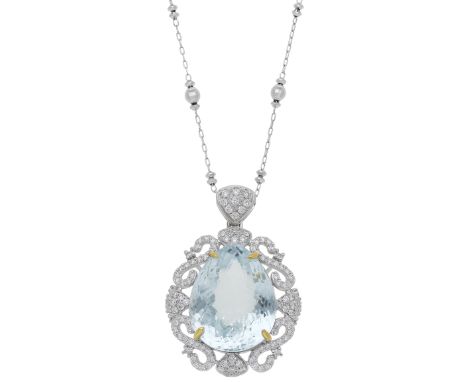An aquamarine and diamond pendant on chain, the pear-shaped aquamarine, weighing 12.94 carats, in an openwork scroll surround