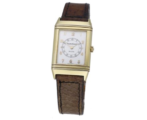 Jaeger-LeCoultre. A gold rectangular reversible wristwatch, Ref. 6184.21, Reverso, circa 1981. Movement: manual winding. Dial