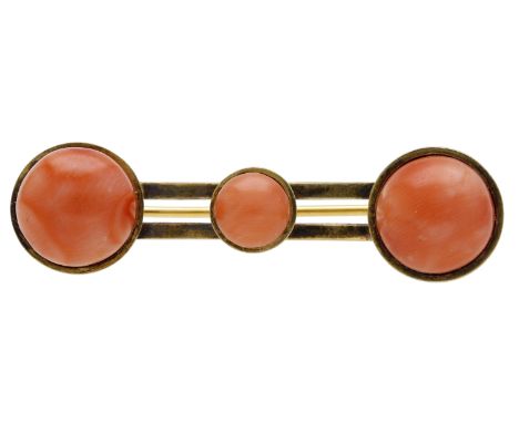 A mid 19th century coral bar brooch, set with three Corallium Rubrum cabochons, mounted in gold, associated case by Z. Barrac