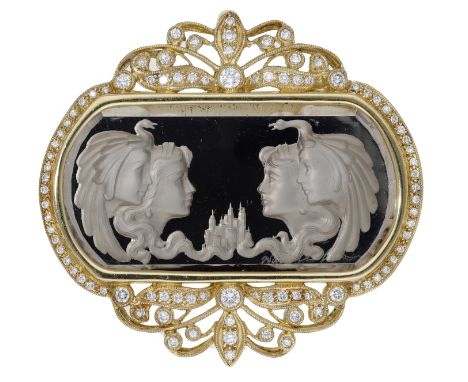 A rock crystal and diamond brooch/pendant by Wallace Chan, the reverse carved rock crystal plaque depicting a mythological sc