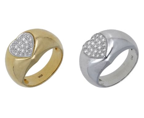 A pair of diamond dress rings, bicoloured, each with a heart to the front pavé-set with brilliant-cut diamonds, stamped ‘750’