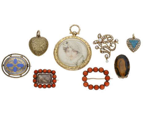 A collection of 18th and 19th century jewels, comprising two coral brooches, closed-back settings, a turquoise and seed pearl