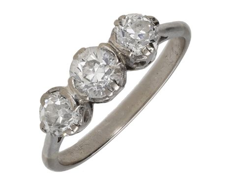 A diamond three stone ring, set with a graduated row of old brilliant-cut diamonds, total diamond weight approximately 1.60 c