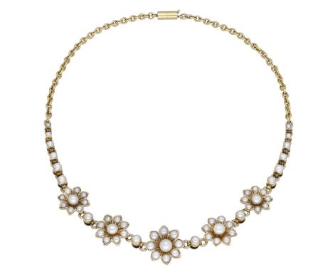 A pearl necklace, circa 1900, the front designed as a series of pearl-set flowerheads, spaced by seed pearl collets suspended