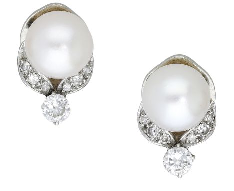 A pair of cultured pearl and diamond ear clips, each set with a cultured pearl, measuring approximately 8.5mm, with a foliate