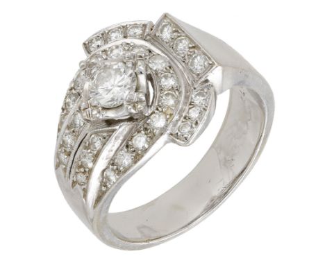 A diamond dress ring, of odeonesque design, set throughout with brilliant-cut diamonds, numbered, total diamond weight approx