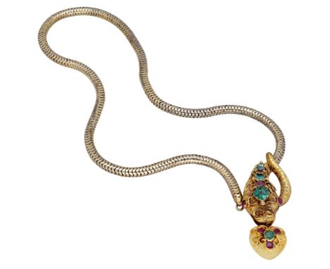 A gem-set serpent necklace, the 19th century gold serpent head with applied whorl decoration and set with vari-cut rubies and