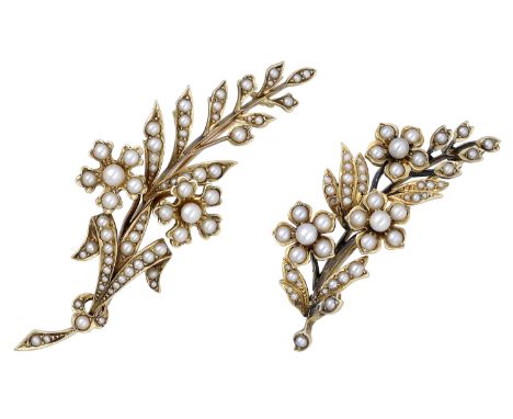 Two seed pearl spray brooches, circa 1900, of conforming design, each floral spray set throughout with seed pearls, mounted i
