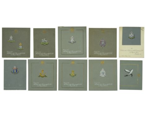 Of Indian Regimental interest: Assorted hand-painted Regimental artist design pattern cards for sweetheart brooches retailed 