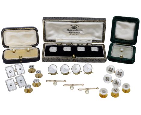 A collection of early 20th century dress sets, studs and cufflinks, to include a pair of French mother-of-pearl and diamond c