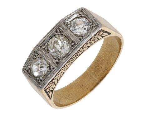 A diamond three stone ring, set with old brilliant-cut diamonds, the gallery with foliate engraving, total diamond weight app