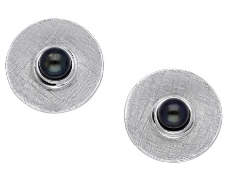 A pair of cultured pearl earrings by Alison Bradley, the circular discs with textured finish and set with a cultured pearl of