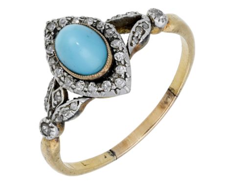 A late 19th century turquoise and diamond ring, the turquoise sugarloaf cabochon in a marquise-shaped surround set with old b