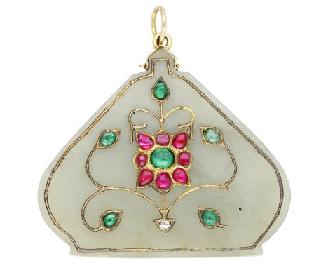 A Mughal jade and gem-set pendant, Indian, the nephrite jade amulet with applied foliate decoration, set with a lasqué-cut di