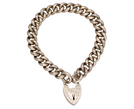 A 9ct gold curb-link bracelet, with engraved foliate decoration, the padlock clasp with monogram ‘EC’, stamped ‘9C’, cased, l