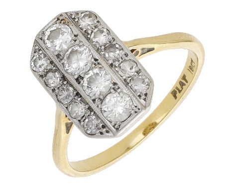 An early 20th century diamond panel ring, set throughout with single and transitional-cut diamonds, mounted in platinum and g