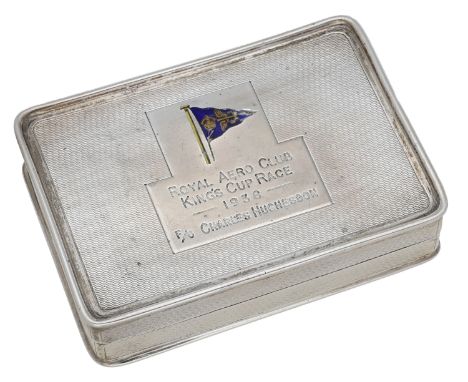 A silver presentation snuff box, of rectangular form, engine-turned decorated, the hinged lid engraved ‘ROYAL AERO CLUB | KIN