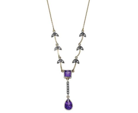 An early 20th century amethyst and diamond necklace, the pear-shaped amethyst drop beneath a row of millegrain set circular-c