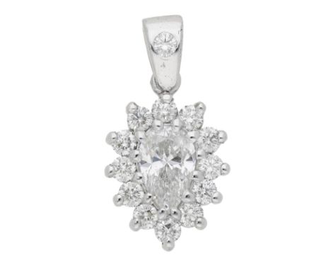 A diamond cluster pendant, the pear-shaped diamond within a surround of brilliant-cut diamonds, to a similarly-set tapered ba
