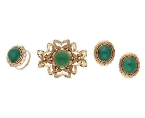 A mid 20th century chrysoprase ring and ear clip suite and green paste brooch, the ring and ear clips set with a chrysoprase 