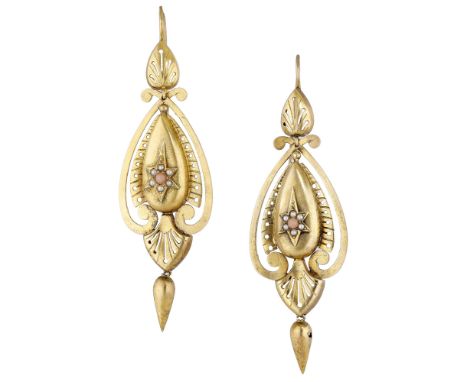 A pair of mid to late 19th century gold ear pendants, the hollow lozenge-shaped ear pendants with pierced decoration and cent