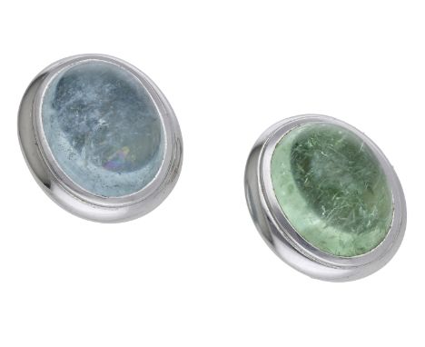 A pair of ‘Paraiba’ tourmaline earrings by Leo de Vroomen, collet-set with a blue and green tourmaline cabochon respectively,