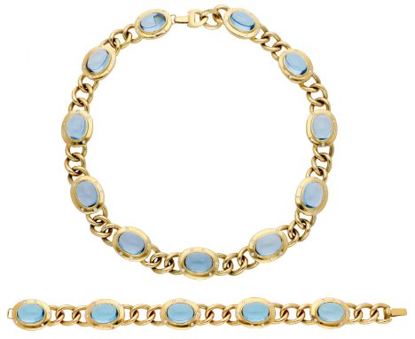A blue topaz and diamond necklace and bracelet suite, the curb-link chain interspersed with oval blue topaz cabochons, the br