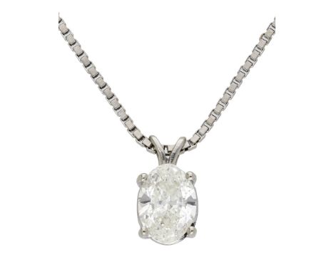 A diamond pendant, the oval-cut diamond, weighing 1.72 carats, in a four-claw setting, suspended from a box-link chain, clasp