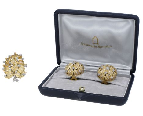 A brooch and earring suite by Buccellati, the pierced bicolour brooch of foliate design, with granulation and textured finish