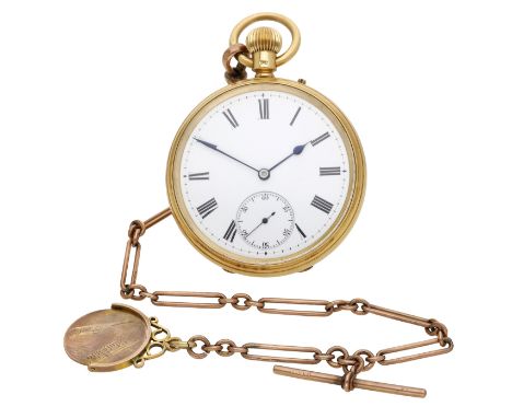 H. Woodward, Middlesex. A gold open-faced keyless watch with gold Albert chain and fob, 1911. Movement: gilded three quarter 