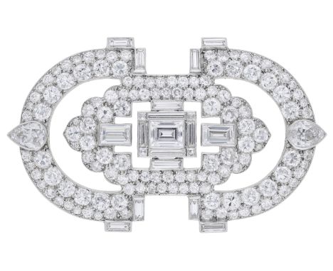 An Art Deco diamond brooch, circa 1925-1930, the stylised buckle of openwork geometric design, set throughout with baguette, 