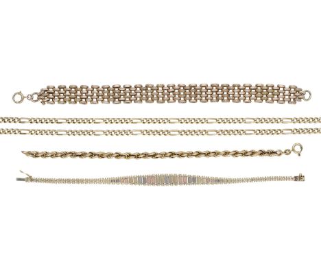 A small collection of gold jewellery, comprising a 9ct gold tricolour bracelet, a ropetwist bracelet stamped ‘750’, a texture
