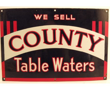 An enamel sign, We Sell County Table Waters, 12ins x 18ins