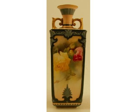 A Royal Worcester Hadley square section panel vase, decorated with roses, height 7.25insCondition Report:  Good condition