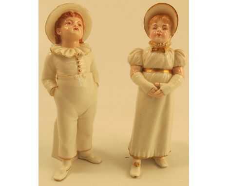 A pair of Royal Worcester sugar sifters, modelled as Kate Greenaway style figures of a boy and a girl in 19th century dress, 