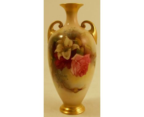 A Royal Worcester two handled vase, decorated with roses and flowers by Spilsbury, circa 1915, shape number H287, height 6.5i
