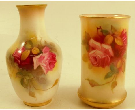 A Royal Worcester cylinder shaped vase, decorated with roses by Millie Hunt, shape number 2510, height 4ins, together with an