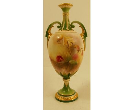 A Royal Worcester Hadley shaped vase, finely painted all around with Sweet Peas by William Powell, with green hoop handles to