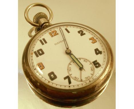 Damas, an open faced Government issue pocket watch, the white enamel dial with Arabic numerals, luminous quarter numerals, su