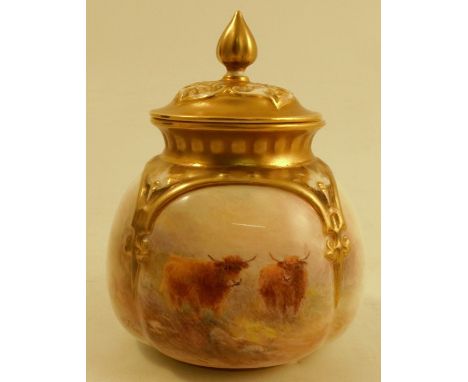 A Royal Worcester quarter lobed covered vase, decorated with Highland cattle by Stinton, circa 1954, shape number H175, heigh