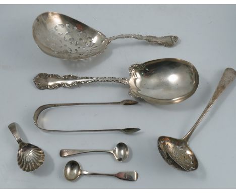 A collection of hallmarked silver and other flatware, to include a serving spoon, with scroll decoration to the handle, marke