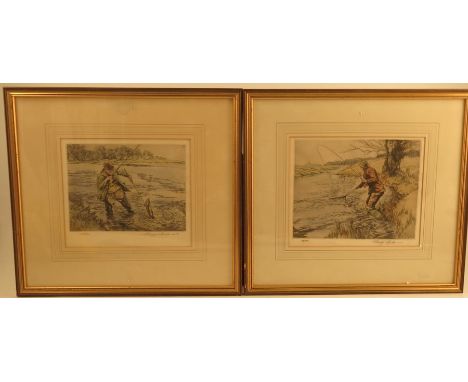 Henry Wilkinson, two colour engravings, fly fishing scene with fisherman catching fish, limited edition, 8ins x 9.5ins&nbsp;(