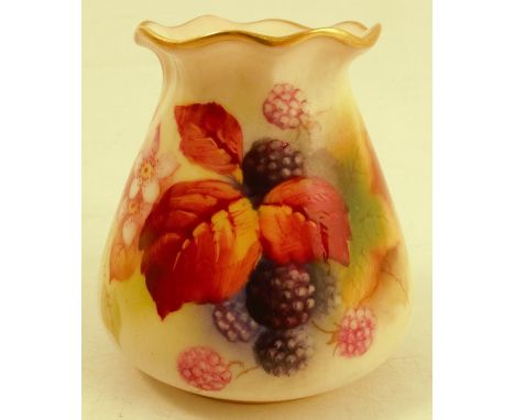 A Royal Worcester squat vase, with flared neck, decorated with blackberries and autumn leaves by Blake, shape number G957, ci