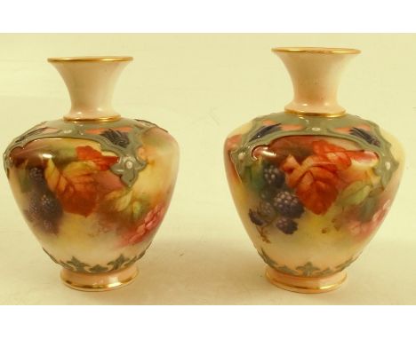 Two similar Royal Worcester and Hadley vases, decorated with blackberries and autumn leaves, height 4insCondition Report:  So