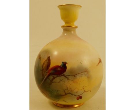 A Royal Worcester cylinder shaped vase, decorated with cock and hen pheasants in pine trees with further pheasants flighting,