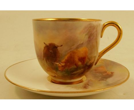 A Royal Worcester miniature coffee cup and saucer, decorated with Highland cattle by H Stinton, circa 1926Condition Report:  