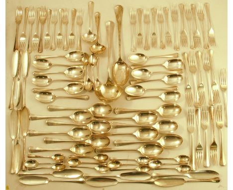 A cased canteen of silver cutlery, comprising 11 fish forks, weight 17oz, 12 fish knives, weight 21oz, 11 dinner forks, weigh